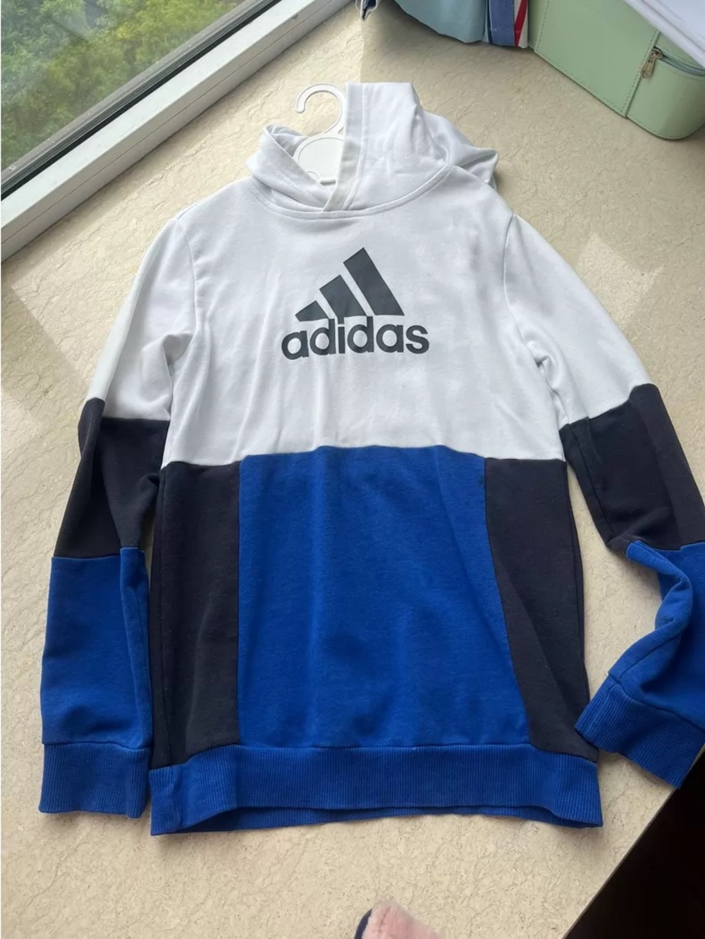 adidas Men’s White, Black & Blue Crewneck Pullover Hoodie